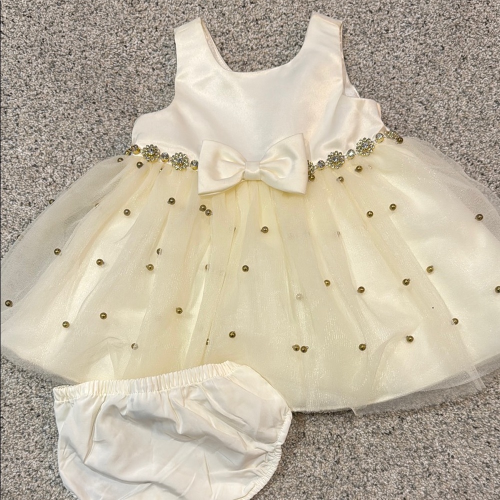 Elegant Ivory & Gold Baby Girl Formal Dress with Bow